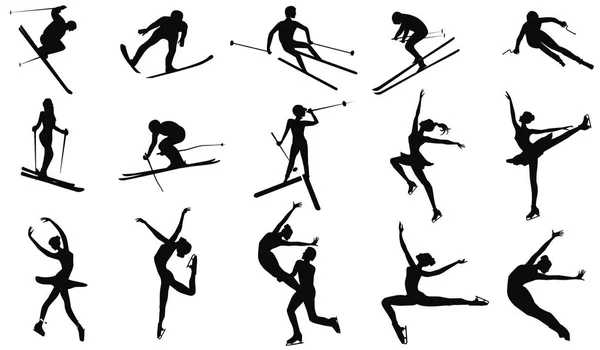 Set Fifteen Skiers Skater Silhouettes Detailed Vector Winter Sports — Stock Vector