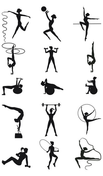 Set of sports - fifteen girls silhouettes with ribbon, hoop, ball, jump rope - detailed - vector. Fitness Yoga. Pilates