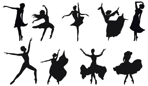 Dancers Silhouettes Set Nine Female Figures Isolated White Background Vector — Stock Vector