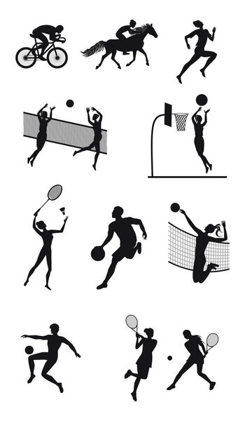 Set - silhouettes of athletes of different sports - rider, cyclist, volleyball player, basketball player, tennis player - detailed - vector