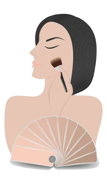 Cara Las Mujeres Mano Con Base Maquillaje Pincel Paleta Catálogo — Vector de stock