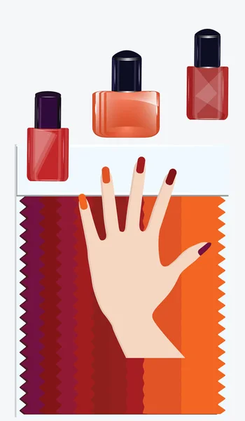 Color Sample Pallets Red Shades Bottles Nail Polish Female Hand — Stock Vector
