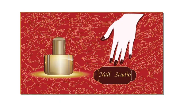 Nail Studio Bottiglia Mano Femminile Sfondo Rosso Astratto Oro Vettore — Vettoriale Stock