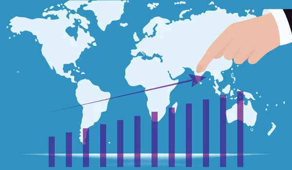 Zakelijke Ontwikkeling Dynamics Wereldkaart Man Hand Wijzend Naar Een Pijl — Stockvector