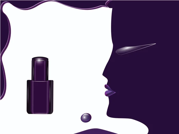 女性面孔在外形和瓶紫罗兰色指甲油 查出在白色背景 — 图库矢量图片