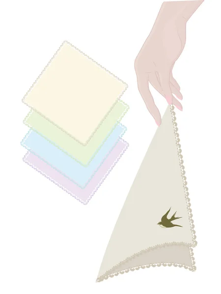 Taschentuch Mit Spitzenbesatz Weiblicher Hand Isoliert Auf Weißem Hintergrund Vektor — Stockvektor