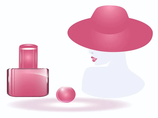 女性の顔と帽子とピンクのマニキュア白い背景の分離 ベクトルのボトル — ストックベクタ