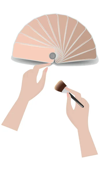 Manos Femeninas Con Cepillo Maquillaje Catálogo Cremas Base Aislado Sobre — Vector de stock