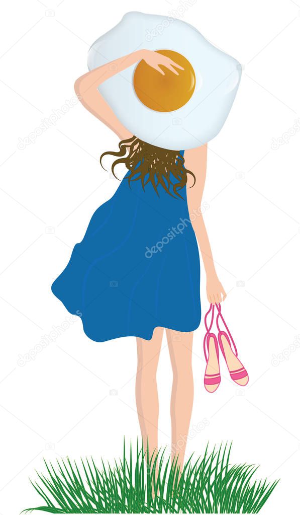 A hat in the shape of a fried egg on the head of a girl in a summer sundress - isolated on a white background - vector.