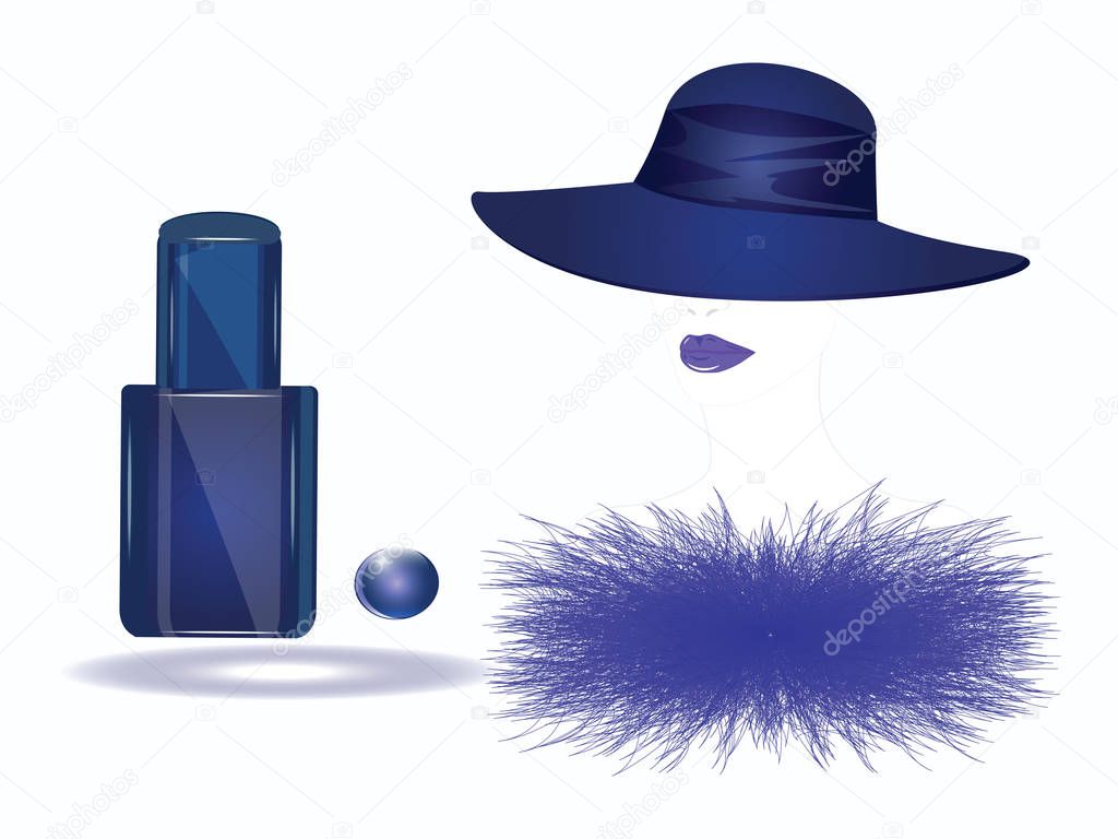 Female face with hat, fur collar and bottle of blue nail polish - isolated on white background - vector
