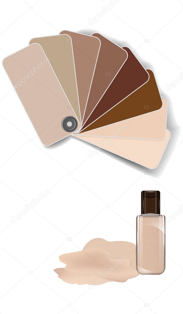 Makeup foundation palette, fan catalog, bottle - isolated on white background - vector