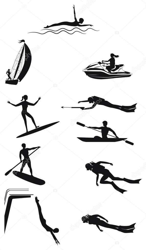 Set of water sports - silhouettes of men and women - detailed - vector