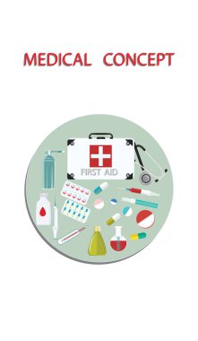 İlk yardım çantası - steteskop, uyuşturucu, şırınga - Icon - düz stil vektör yuvarlak. Tıp kavramı