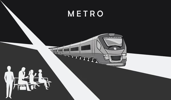 Tren - pasajeros en el andén - minimalismo - blanco y negro - vector — Vector de stock