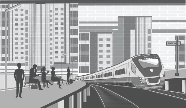Estação ferroviária - passageiros na plataforma esperando por trem elétrico - fundo urbano - ilustração - vetor — Vetor de Stock