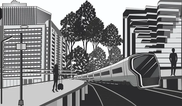 Σύγχρονο αστικό τοπίο - ηλεκτρικό τρένο - επιβάτες σχετικά με την πλατφόρμα εικονογράφηση - διάνυσμα — Διανυσματικό Αρχείο