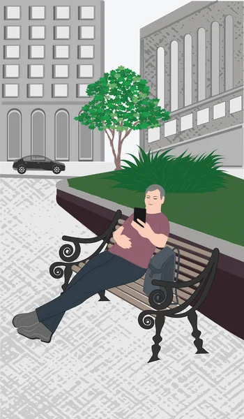 Városképet gazdagító épületnek szánták. A sikátorban ember ül egy padon, és vesz egy selfie - lapos stílusú - illusztráció vektor — Stock Vector