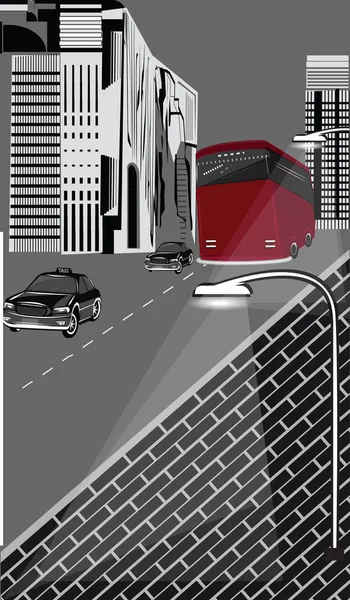 Paisaje de la ciudad blanco y negro - Autobús rojo y taxi - estilo plano, ilustración - vector — Archivo Imágenes Vectoriales