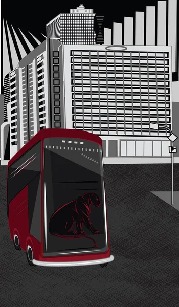 Roter Bus auf der Straße der modernen Stadt - flacher Stil - schwarz-weißer Hintergrund - Illustration - Vektor — Stockvektor