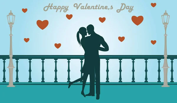 Feliz día de San Valentín. Pareja enamorada hombre y mujer abrazándose en el puente - corazones rojos - ilustración. Vector . — Archivo Imágenes Vectoriales