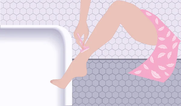 Θηλυκό πόδι-αποτρίχωση με συσκευή ξυρίσματος-μπάνιο-επίπεδη στυλ-διάνυσμα. Αισθητικές και θεραπευτικές διαδικασίες για τα πόδια. — Διανυσματικό Αρχείο