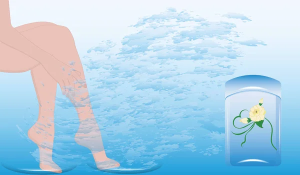 Γυναικεία πόδια στο νερό, ένα μπουκάλι με εικονογράφηση λουλουδιών, διάνυσμα. Αισθητικές και θεραπευτικές διαδικασίες για τα πόδια. — Διανυσματικό Αρχείο