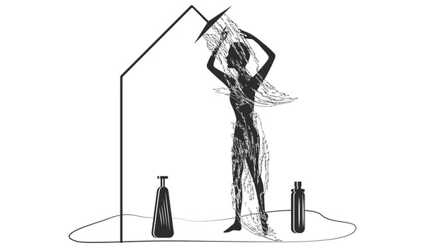 Žena s siluetou se sprchou na bílém pozadí-plochým stylem. Péče o tělo — Stockový vektor