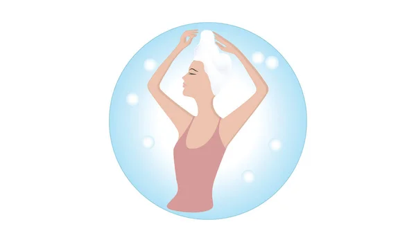 Icon ronde-vrouw met zeep Suds op haar hoofd-geïsoleerd op witte achtergrond-platte stijl-vector. Haarverzorging. — Stockvector