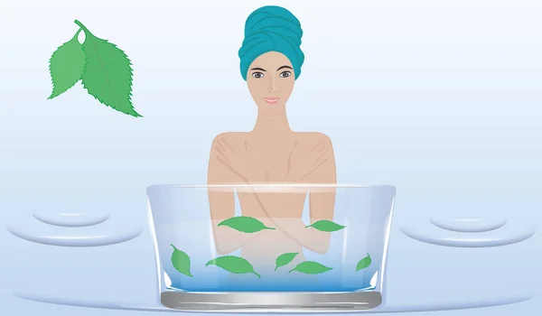Mujer desnuda, en un turbante toalla, toma procedimientos cosméticos lavabo de vidrio con hojas verdes ilustración, vector. Cuidado corporal — Archivo Imágenes Vectoriales