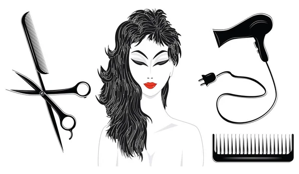 Set noir et blanc - femme avec une coupe de cheveux élégante, sèche-cheveux, peignes, ciseaux - isolé - style plat - vecteur — Image vectorielle