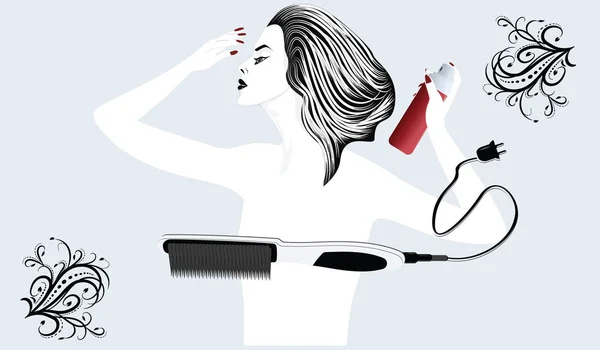 Mujer elegante y elegante haciendo su estilo de cabello cepillo de pelo eléctrico y laca para el cabello estilo plano, aislado sobre fondo claro vector. Logo del salón de belleza — Vector de stock