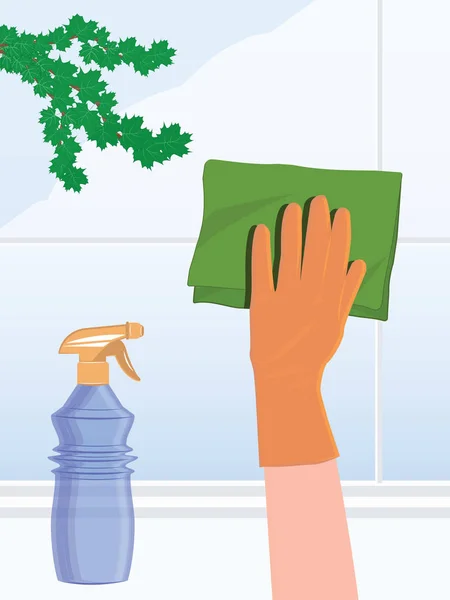 Servicio de limpieza - Lavar vidrio de ventana - mano en guante de goma, servilleta, spray - ilustración, vector — Vector de stock