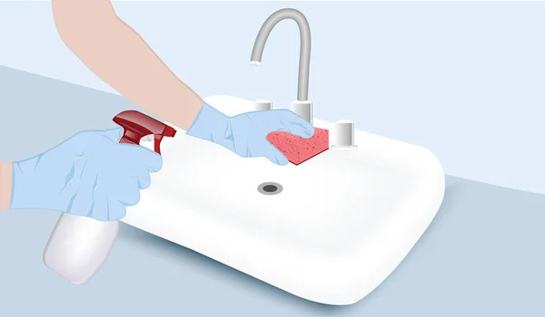Pulizia del lavandino - mani femminili in guanti di gomma, detergente, spugna - stile piatto - vettore — Vettoriale Stock