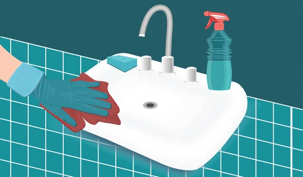 Limpieza de productos cerámicos - Lavabo blanco, botella de detergente, mano con guantes de goma, pared de azulejos - estilo plano - vector — Archivo Imágenes Vectoriales