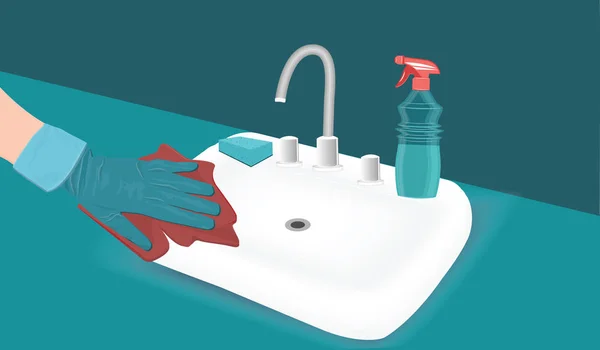 Badreinigung - Damenhand in Gummihandschuhen wäscht Waschbecken mit Serviette - flacher Stil - Vektor — Stockvektor
