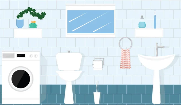 Salle de bain intérieure - lave-linge, lavabo, WC - mur carrelé - vecteur — Image vectorielle