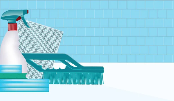 Banner - spray de limpieza, cepillo, servilletas para limpieza en el hogar - fondo claro - estilo plano - vector — Archivo Imágenes Vectoriales
