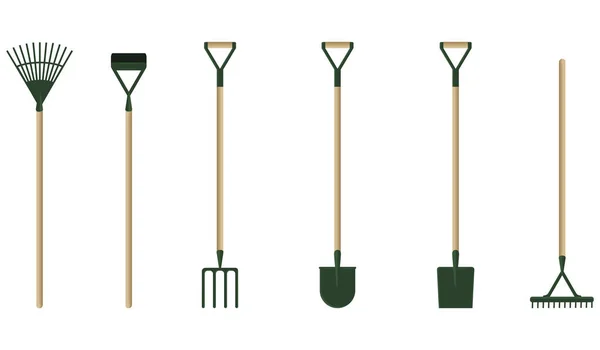 Обладнання для садівництва - набір з шести предметів - лопатки, граблі, вилки - плоский стиль - вектор — стоковий вектор