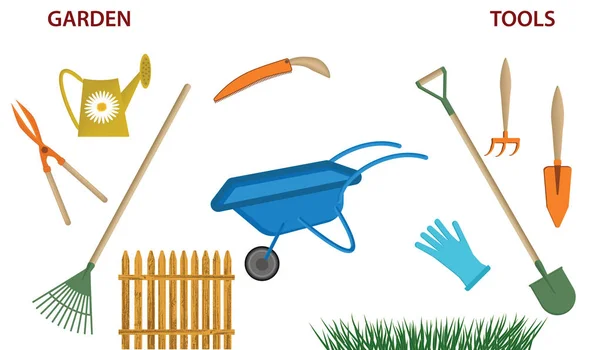 Bahçe malzemeleri - sepeti, sulama kutusu, kürek, tırmık - ahşap çit, çim - beyaz arka plan üzerinde izole - vektör — Stok Vektör