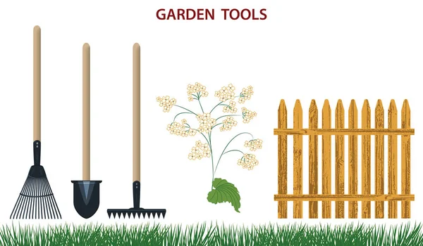 Set-schop, hark, houten hek, gras-geïsoleerd op witte achtergrond-platte stijl-vector. Tuinieren benodigdheden — Stockvector