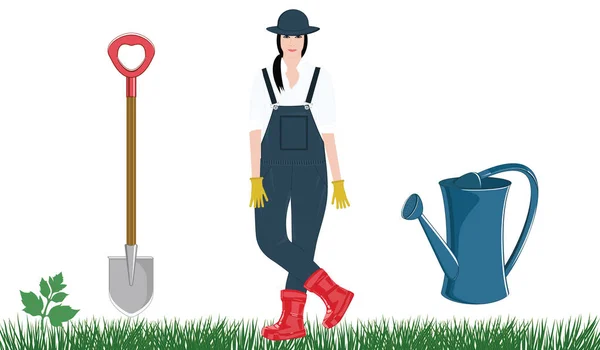 Девушка в рабочем комбинезоне, шляпе, резиновых перчатках и сапогах, лопате, банке для полива травы - изолированная на белом фоне - вектор Работа в саду . — стоковый вектор