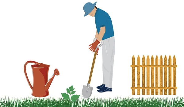 Ein Mann mit Hut und Schaufel in der Hand, Gras, Blähungen, Gießkanne - isoliert auf weißem Hintergrund - Vektor. Arbeit im Garten. — Stockvektor