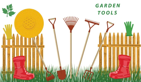 Herramientas de jardín, empalizada, sombrero de paja, botas de goma roja, césped verde - aislado sobre fondo blanco - vector de trabajo de jardín . — Archivo Imágenes Vectoriales