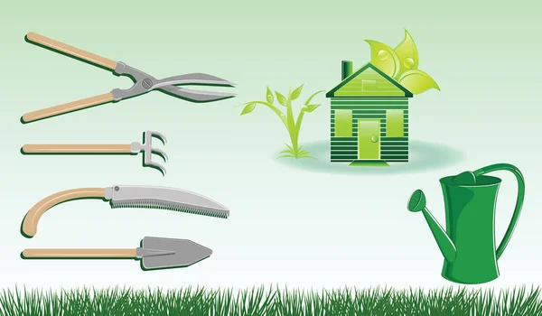 Banner-huis, gieter, tuinieren tools, Grass-vector. Tuinverzorging — Stockvector