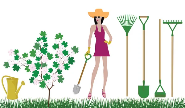 Садовые инструменты - девушка в шляпе с лопатой в руках, цветущее дерево - изолированное на белом фоне - вектор — стоковый вектор