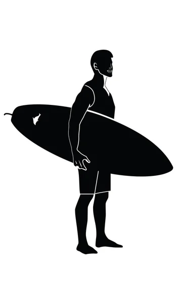 Silhueta de um surfista com uma prancha de surf - isolado em fundo branco - estilo plano - vetor — Vetor de Stock