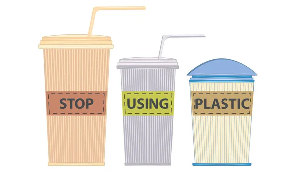 Take-away, Einwegbecher - Beschriftung Stop-Use Plastik - isoliert auf weißem Hintergrund - Vektor — Stockvektor