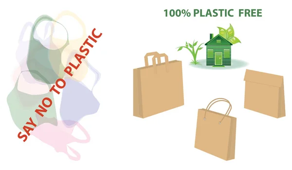 Symbole Eco house - plastique gratuit - sacs en papier - sacs en plastique - vecteur. Dis non au plastique . — Image vectorielle