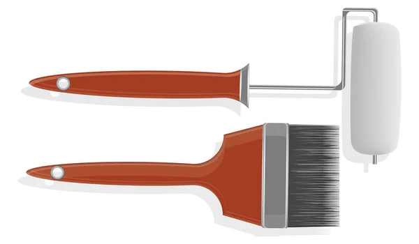 セット - 赤いハンドルを持つペイントブラシとローラー、現実的な - 白い背景に隔離 - フラットスタイル - ベクトル. — ストックベクタ
