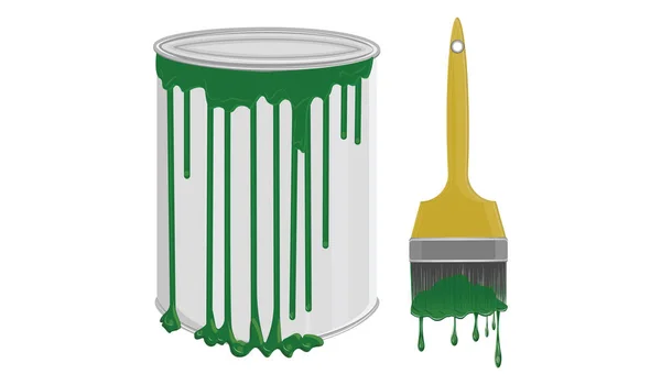 Uma lata de tinta verde - gotas fluindo - pincel de pintura - isolado no fundo branco - vetor . — Vetor de Stock